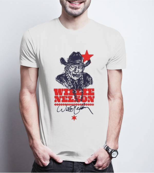 Willie Nelson Woodcut Cowboy Hat Red Star T-Shirt