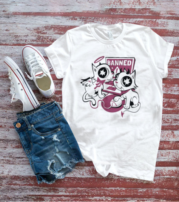 Sinjin Banned Angel Devil Cats With Starry Eyes Sitting By Computer T-Shirt