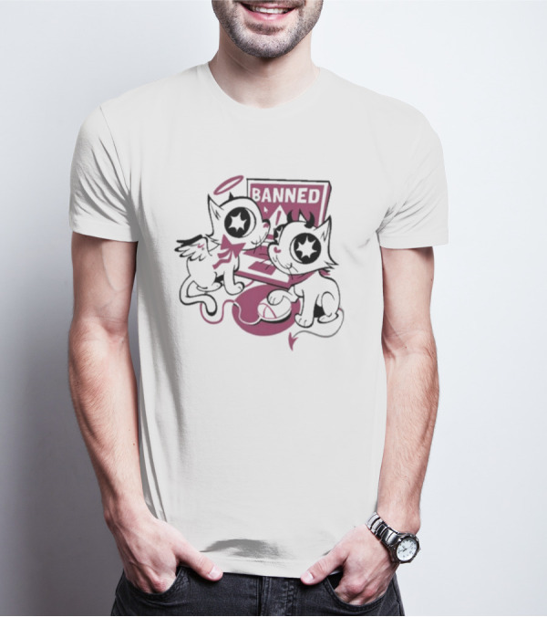Sinjin Banned Angel Devil Cats With Starry Eyes Sitting By Computer T-Shirt