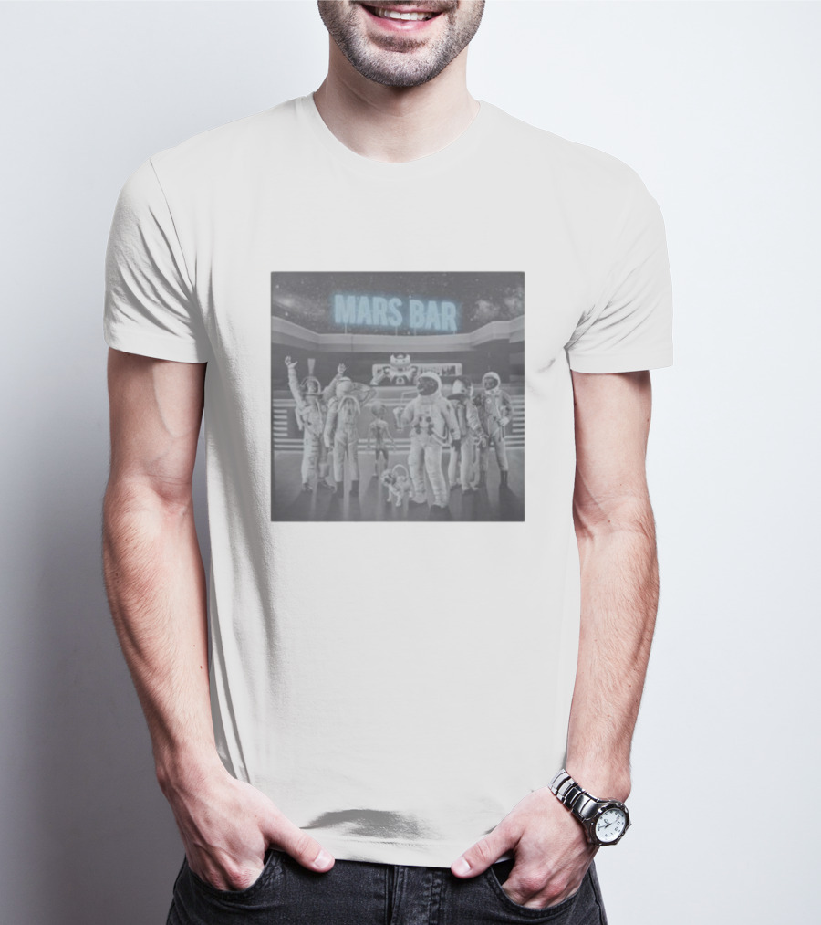 Mars Bar With Astronauts And Alien In Space Scene T-Shirt