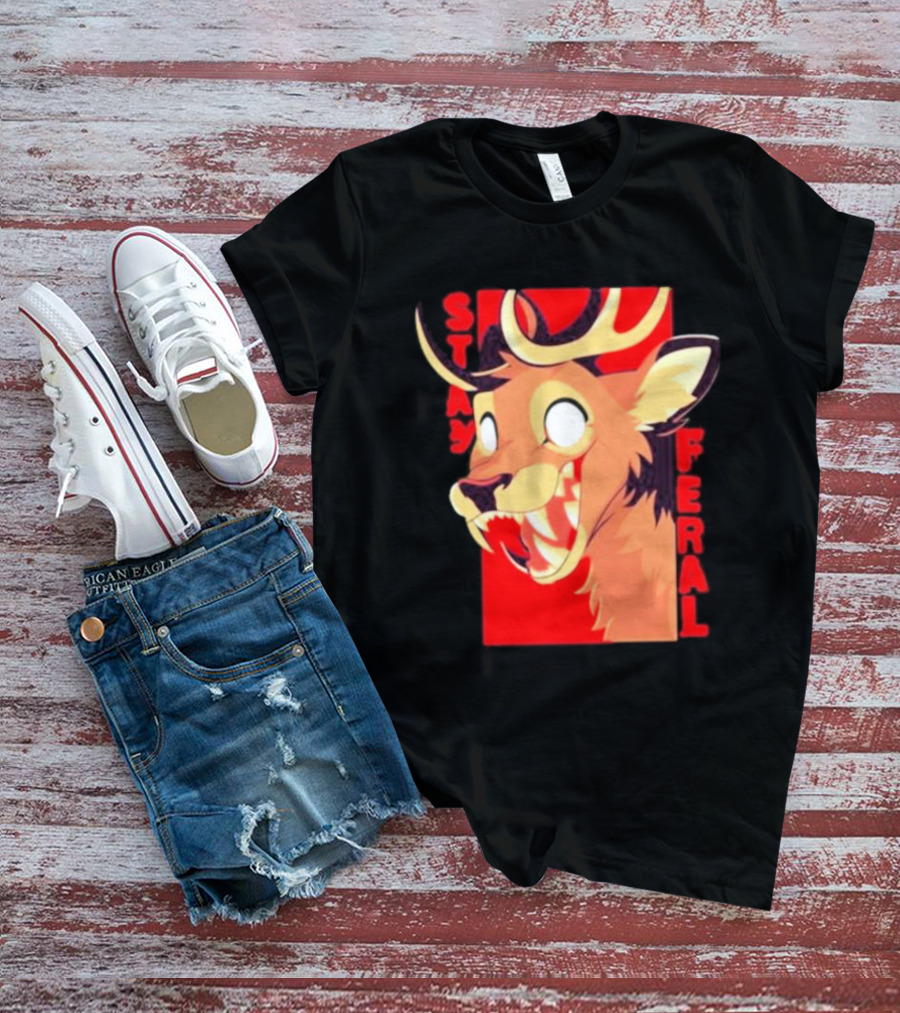 Stay Feral Toothy Deer Wild Expression Monochrome Cartoon T-Shirt