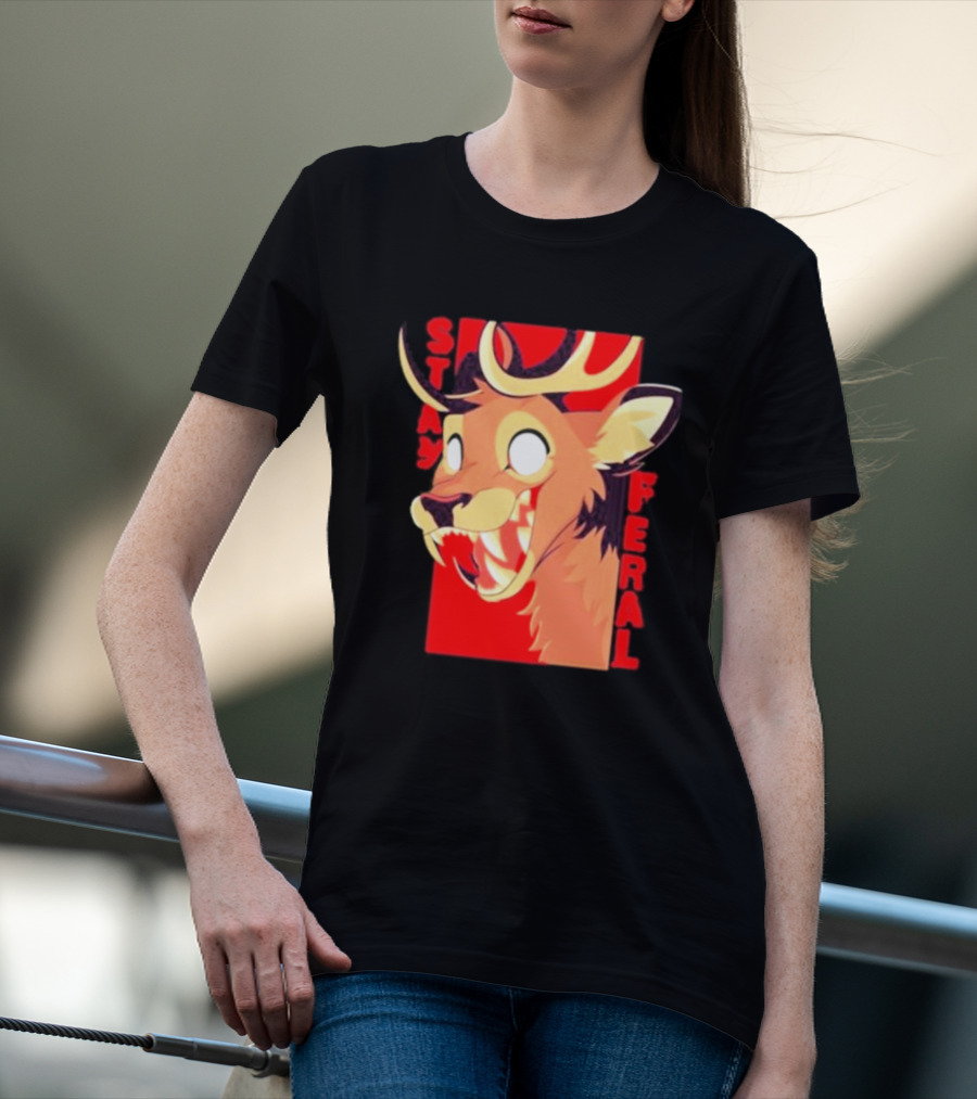 Stay Feral Toothy Deer Wild Expression Monochrome Cartoon T-Shirt