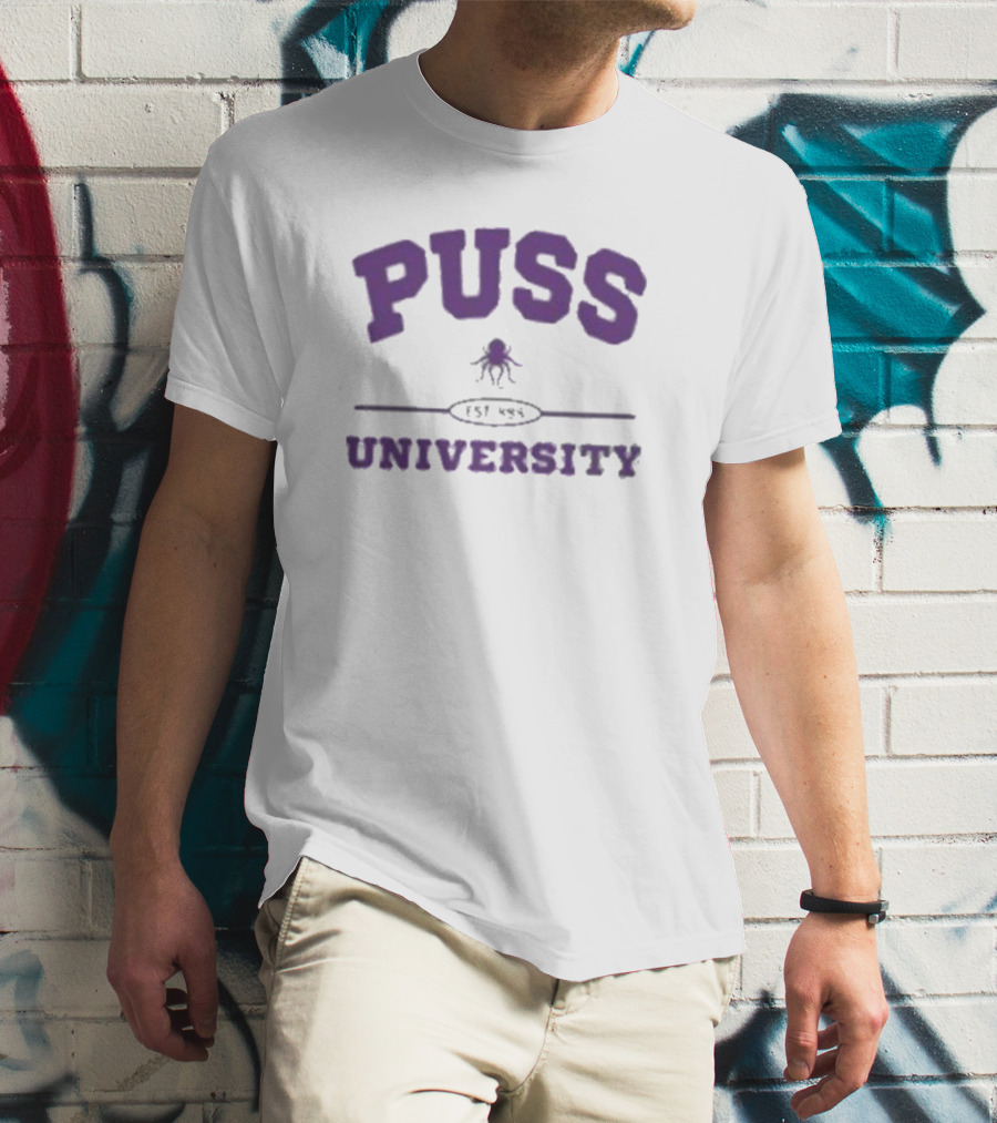 Puss University Est 888 Purple Logo Design With Octopus T-Shirt