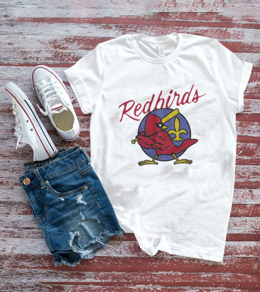 Redbirds St Louis Cardinals Baseball Fleur-de-Lis Icon Bird Bat T-Shirt