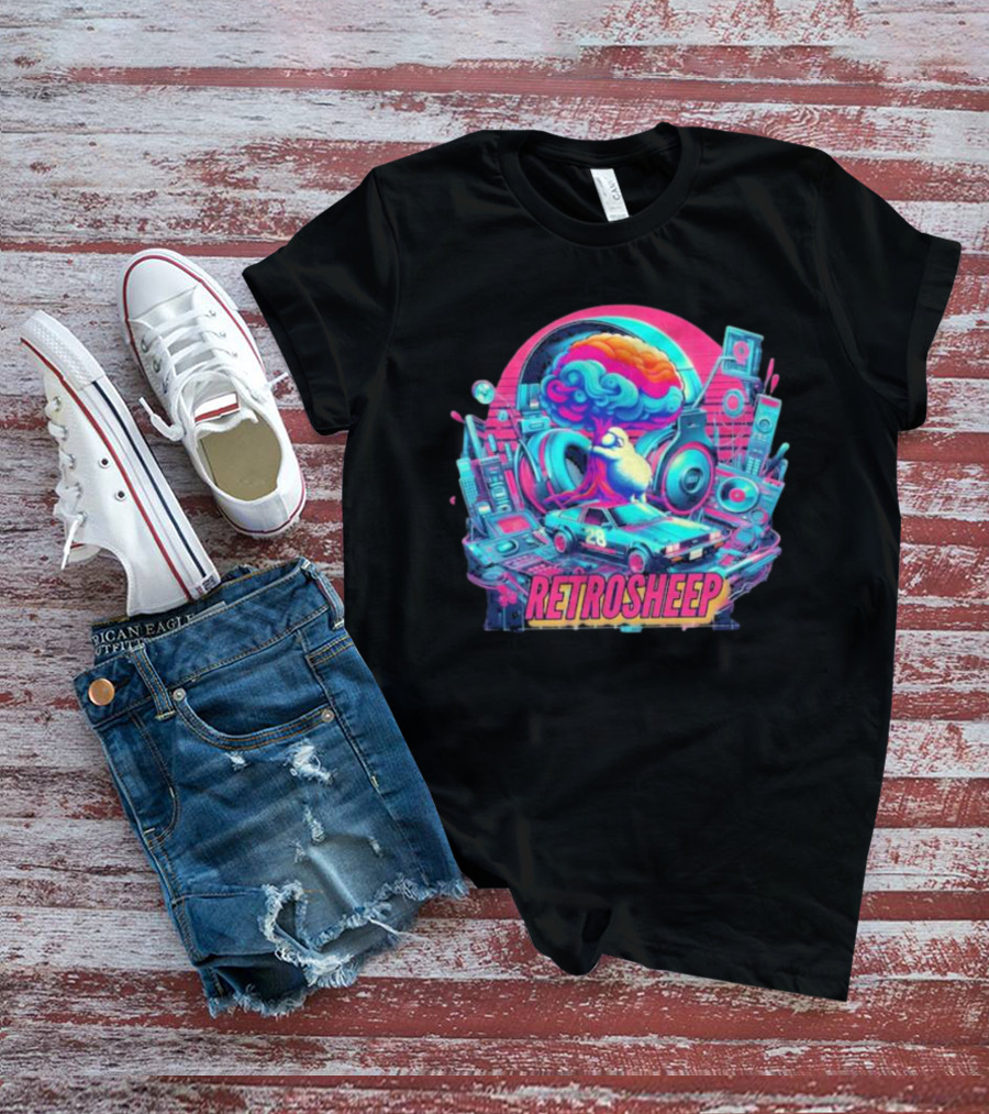 Retrosheep Neon Music Explosion With Retro Cars And Speakers T-Shirt