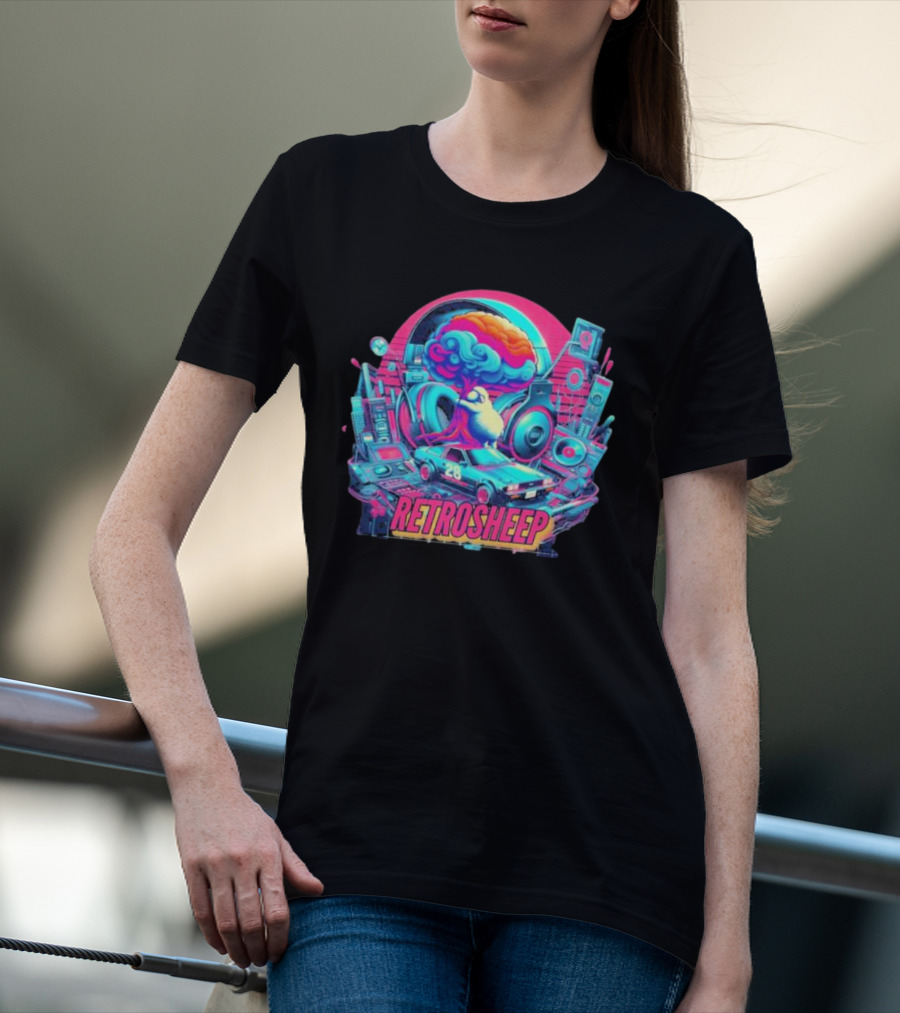 Retrosheep Neon Music Explosion With Retro Cars And Speakers T-Shirt