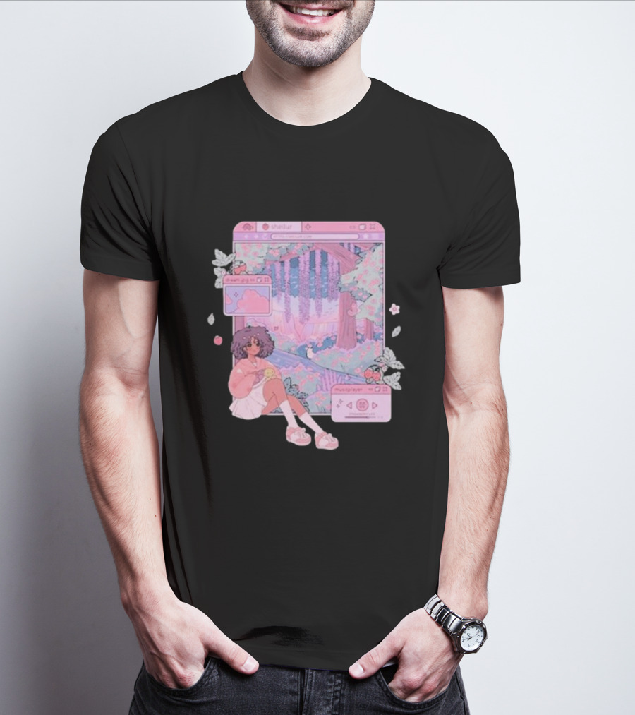 Sheilur Dreamy Strawberry Window Girl In Pink Forest T-Shirt