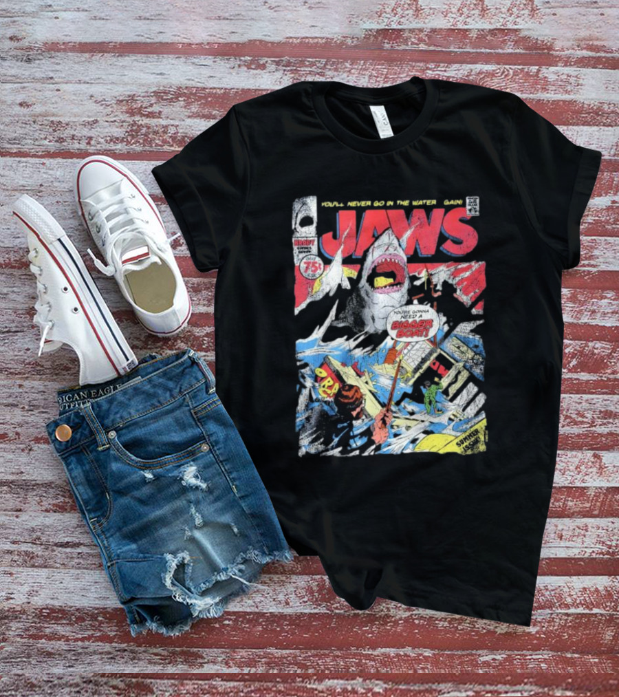 Jaws Comic Cover You'll Never Go In The Water Again You're Gonna Need A Bigger Boat 75 Cent July Roy Thomas Ross Andru Comic Code Authority T-Shirt