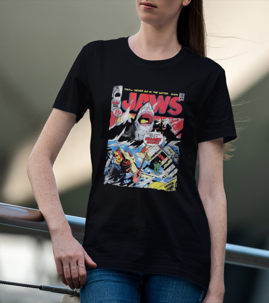 Jaws Comic Cover You'll Never Go In The Water Again You're Gonna Need A Bigger Boat 75 Cent July Roy Thomas Ross Andru Comic Code Authority T-Shirt