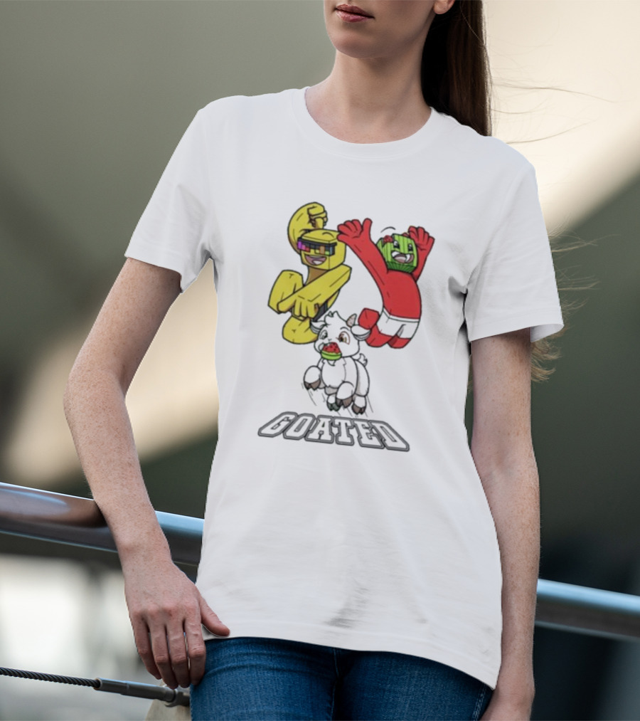 Sunny Melon Goated Characters With Vibrant Yellow And Red Outfits T-Shirt