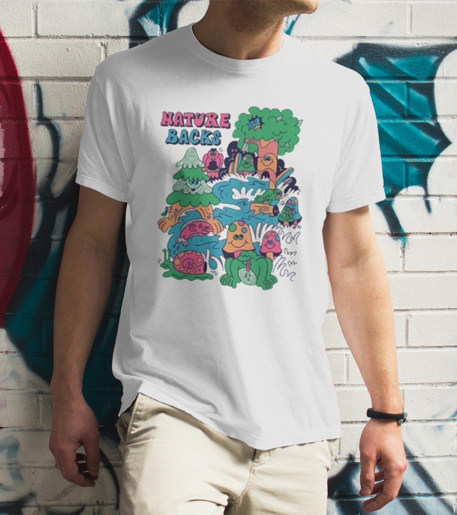 Nature Backs Funky Forest With Colorful Cartoon Animals And Trees T-Shirt