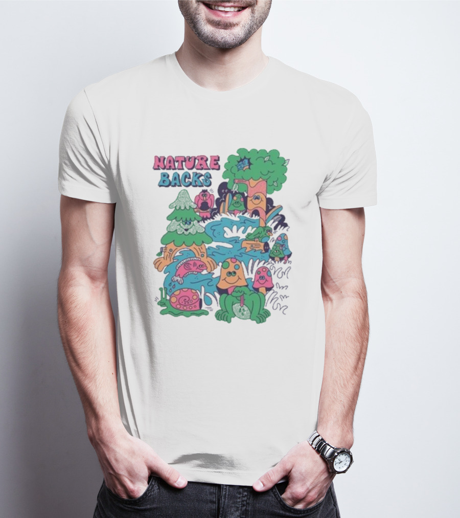 Nature Backs Funky Forest With Colorful Cartoon Animals And Trees T-Shirt