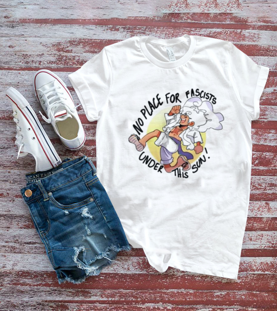 No Place For Fascists Under This Sun Energetic Character Jumping Against Yellow Circle Background T-Shirt