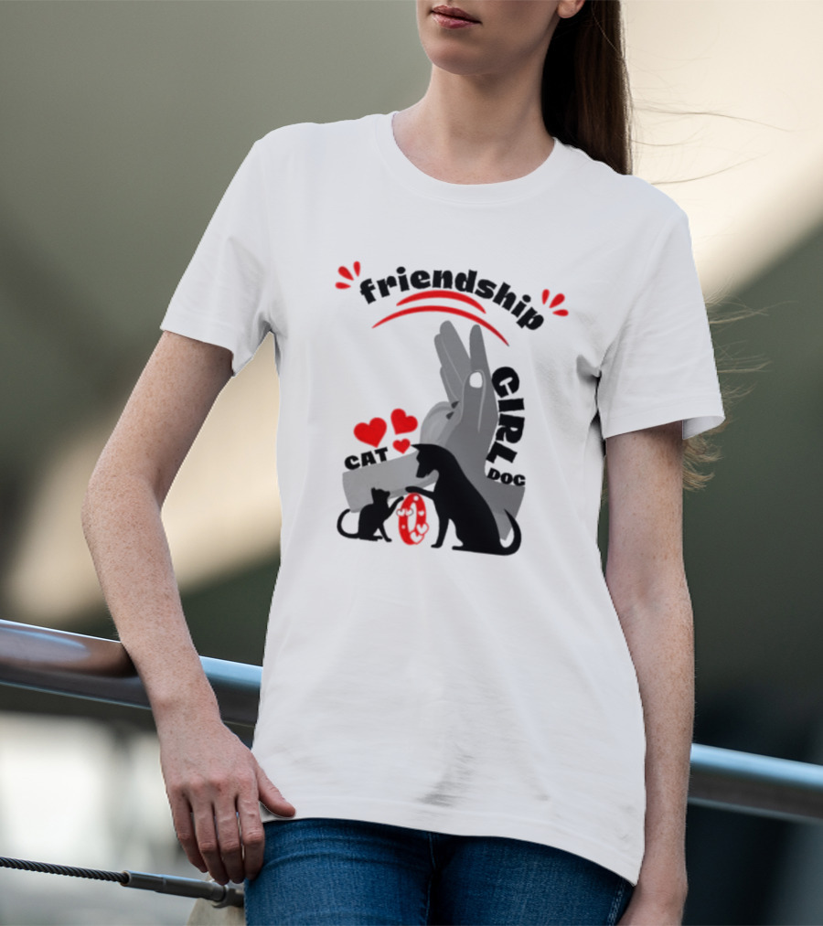 Friendship Girl Cat Dog Pet Pal Hearts T-Shirt
