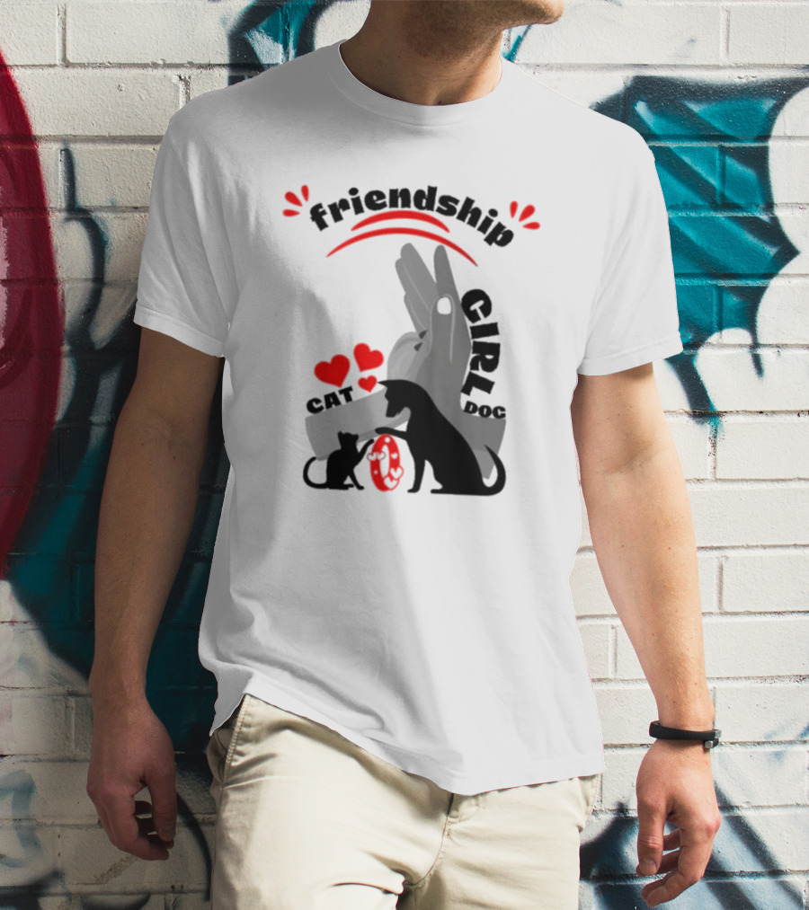 Friendship Girl Cat Dog Pet Pal Hearts T-Shirt