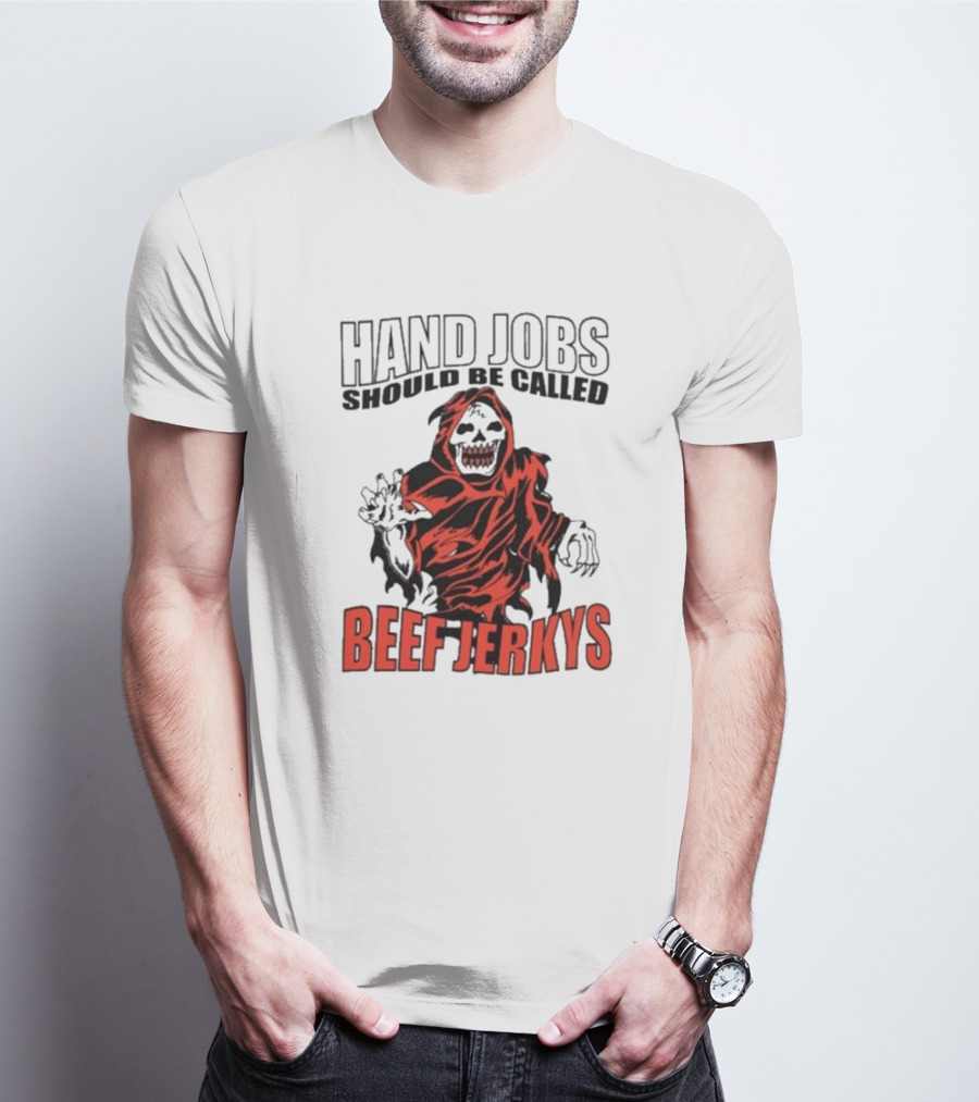 Hand Jobs Should Be Called Beef Jerkys Grim Reaper Red Black Cloaked Figure T-Shirt