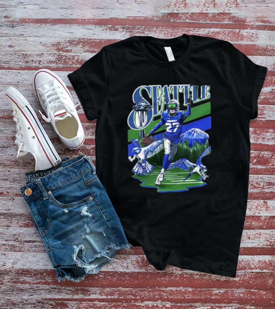 Seattle Seahawks Tariq Woolen Number 27 With Space Needle And Mountain Background T-Shirt