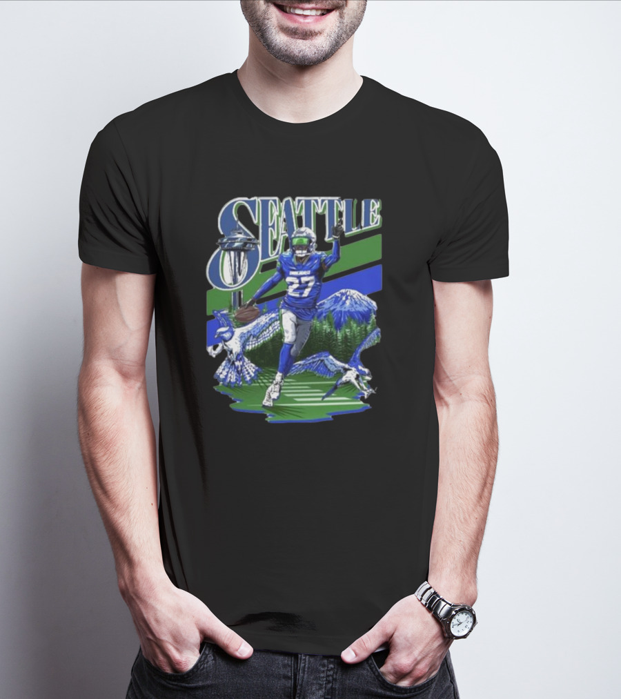 Seattle Seahawks Tariq Woolen Number 27 With Space Needle And Mountain Background T-Shirt