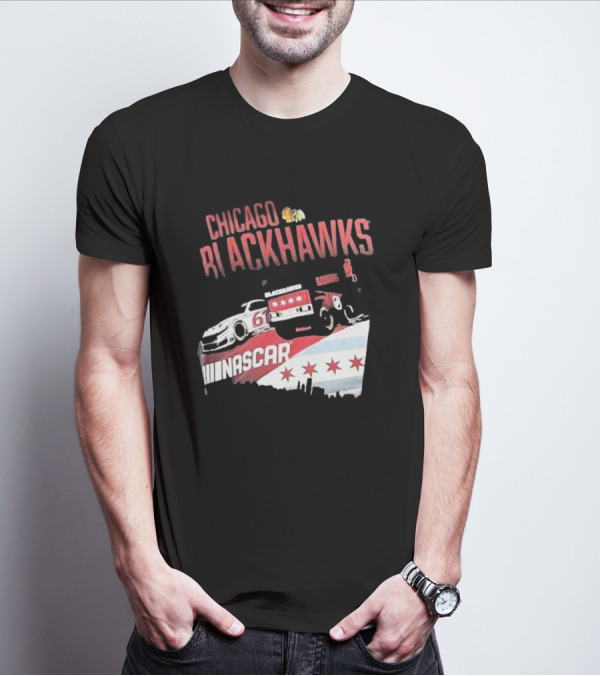 Chicago Blackhawks NASCAR Racing Car With City Skyline And Number 61 T-Shirt