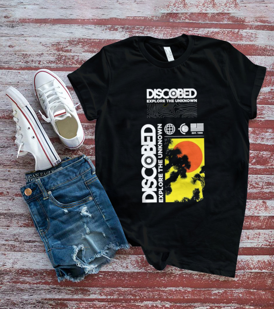 Discobed Explore The Unknown Global Exploration Est 1988 Sun Images With Iconic Nature Scene T-Shirt