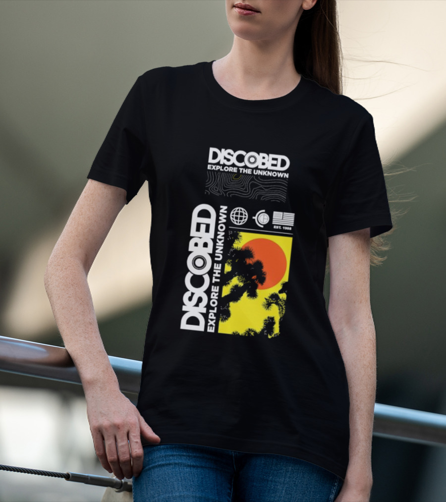 Discobed Explore The Unknown Global Exploration Est 1988 Sun Images With Iconic Nature Scene T-Shirt