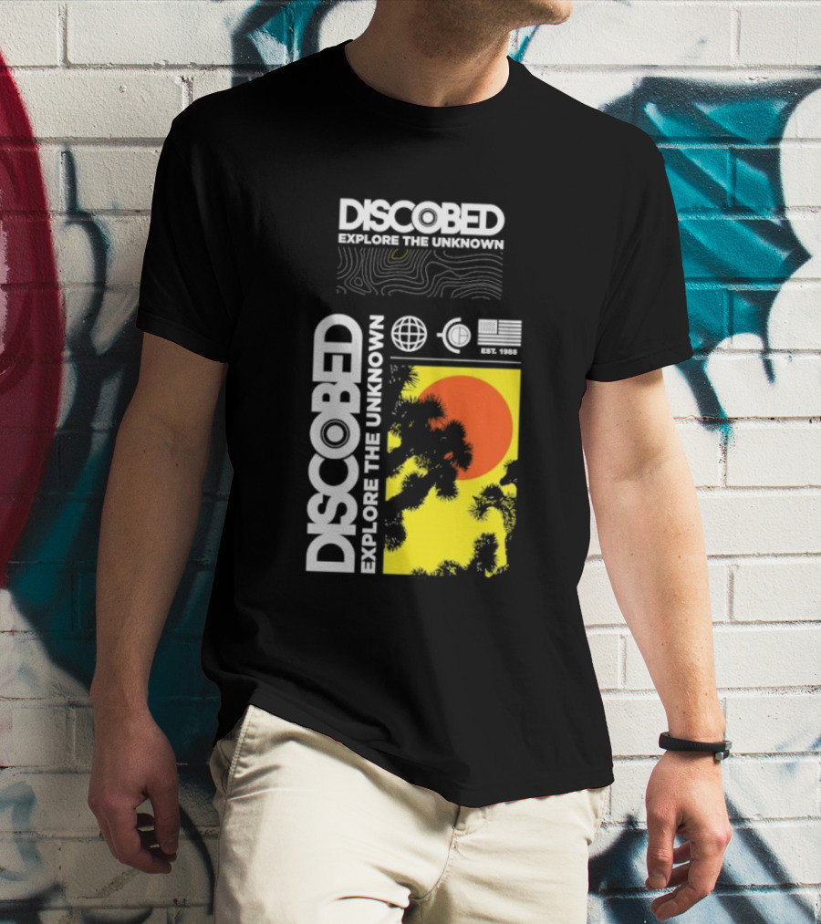 Discobed Explore The Unknown Global Exploration Est 1988 Sun Images With Iconic Nature Scene T-Shirt