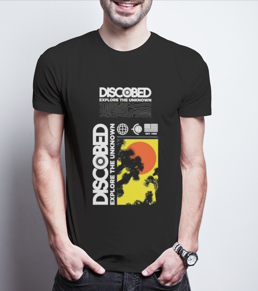 Discobed Explore The Unknown Global Exploration Est 1988 Sun Images With Iconic Nature Scene T-Shirt