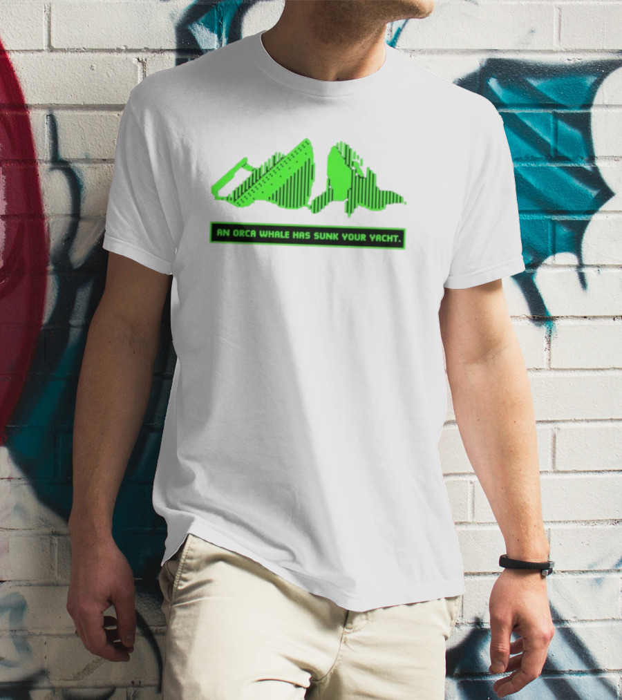 An Orca Whale Has Sunk Your Yacht Green Retro Pixel Art Aaron’s Art Room T-Shirt