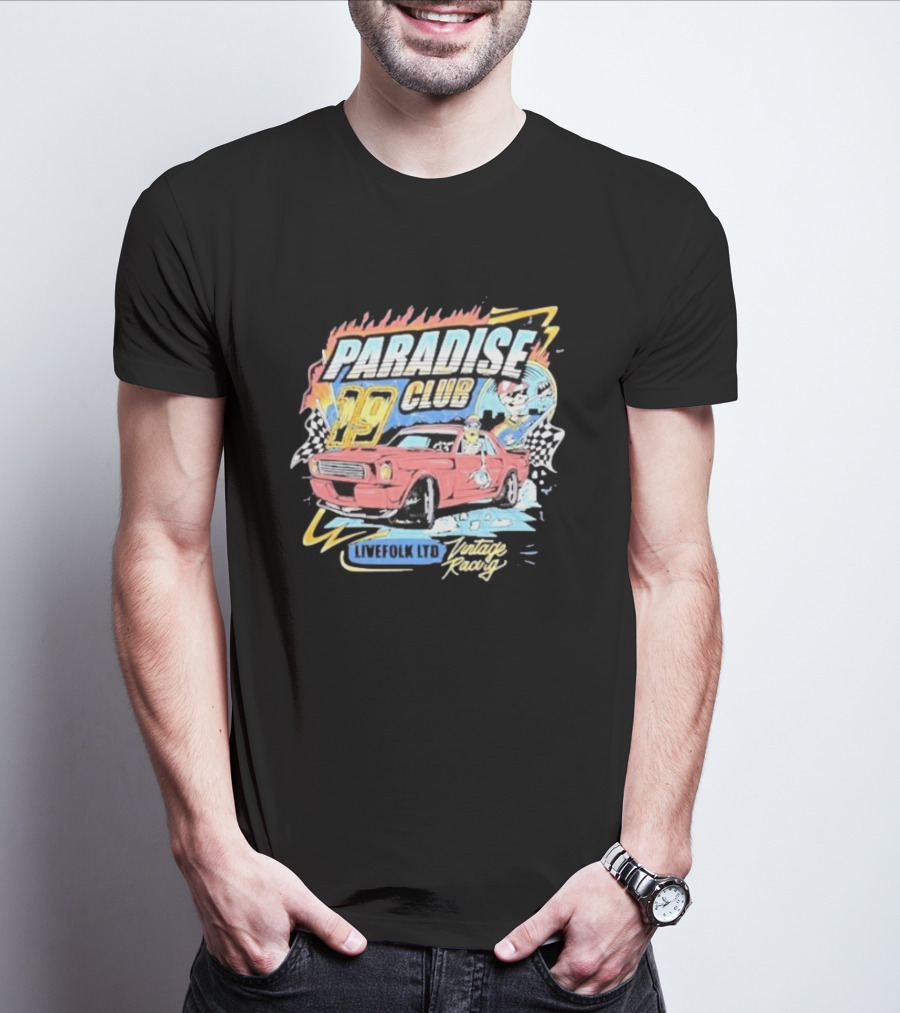 Paradise Club 19 Livefolk Ltd Vintage Racing Skeleton Racer Car Checkered Flags T-Shirt