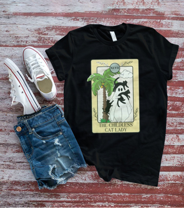 XLVII The Childless Cat Lady Ghost Black Cat Coconut Tree T-Shirt