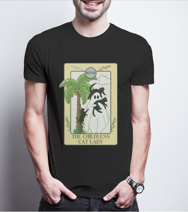 XLVII The Childless Cat Lady Ghost Black Cat Coconut Tree T-Shirt