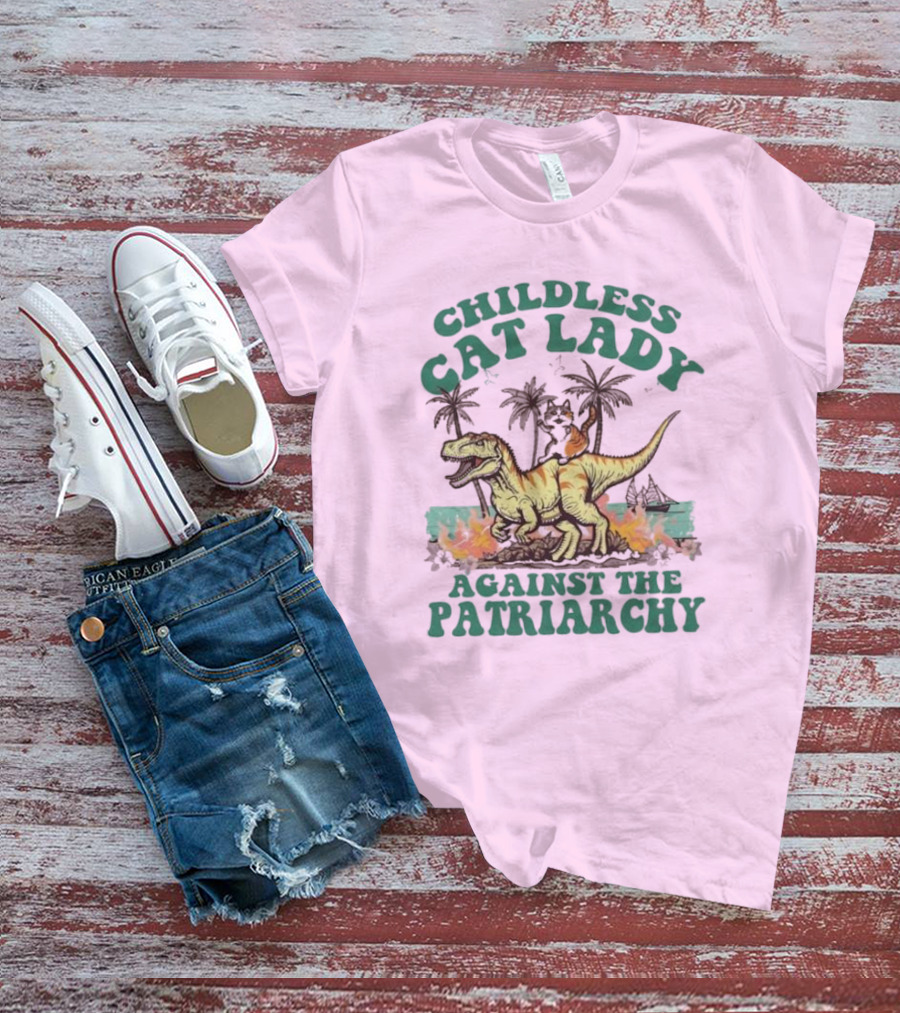 Childless Cat Lady Riding Dinosaur Against The Patriarchy With Flaming Coconut Trees T-Shirt