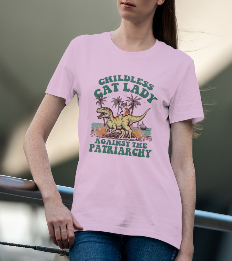 Childless Cat Lady Riding Dinosaur Against The Patriarchy With Flaming Coconut Trees T-Shirt