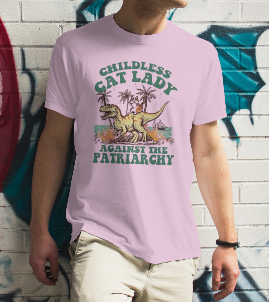 Childless Cat Lady Riding Dinosaur Against The Patriarchy With Flaming Coconut Trees T-Shirt