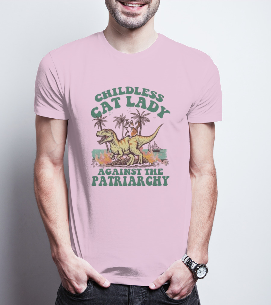 Childless Cat Lady Riding Dinosaur Against The Patriarchy With Flaming Coconut Trees T-Shirt
