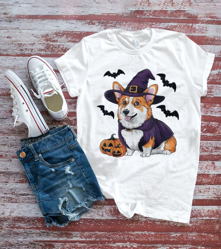 Halloween Corgi In Witch Hat With Pumpkins And Bats T-Shirt
