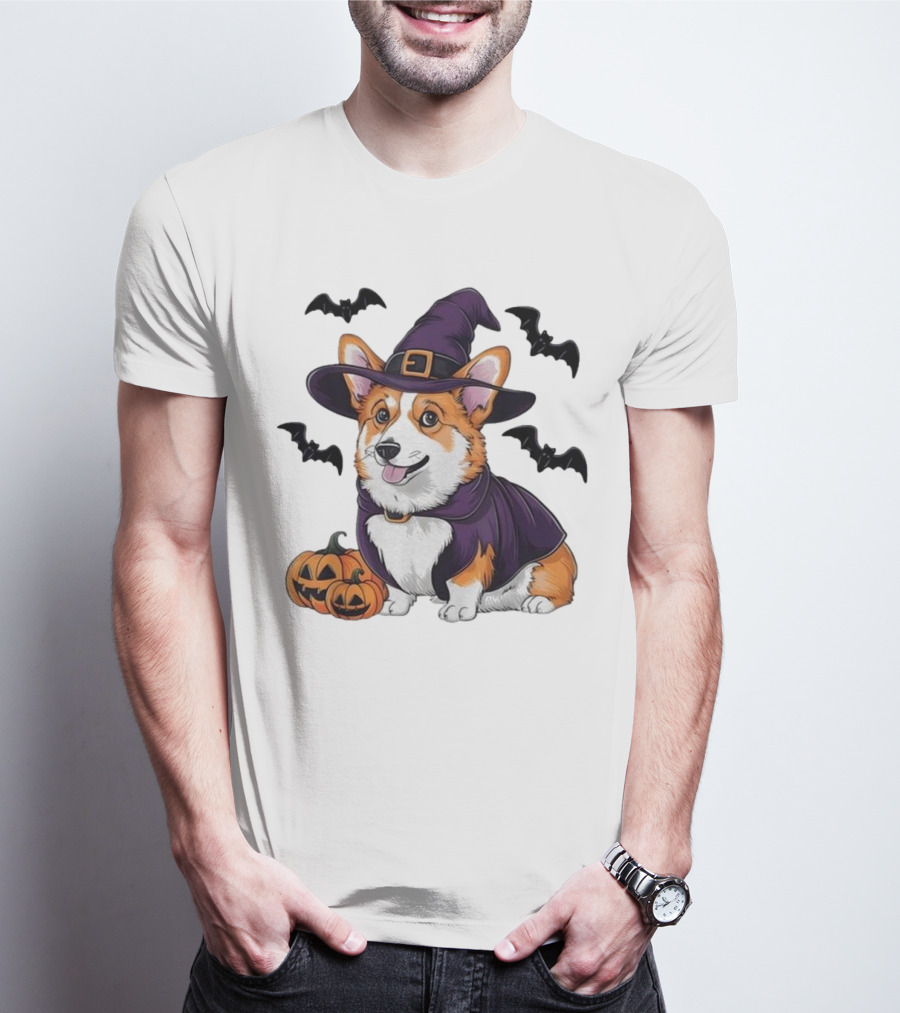 Halloween Corgi In Witch Hat With Pumpkins And Bats T-Shirt