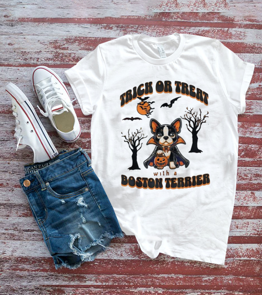 Trick Or Treat With A Boston Terrier Halloween Pumpkins And Bats T-Shirt