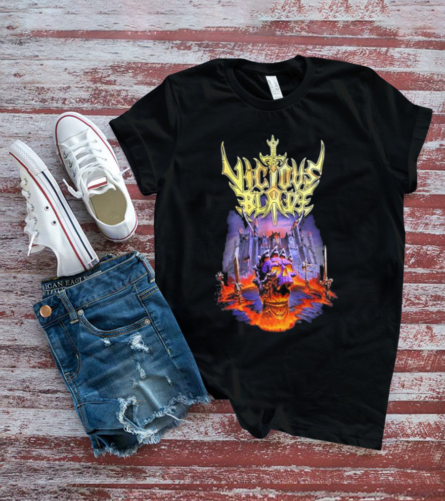 Vicious Blade Skull Fortress With Flaming Swords T-Shirt