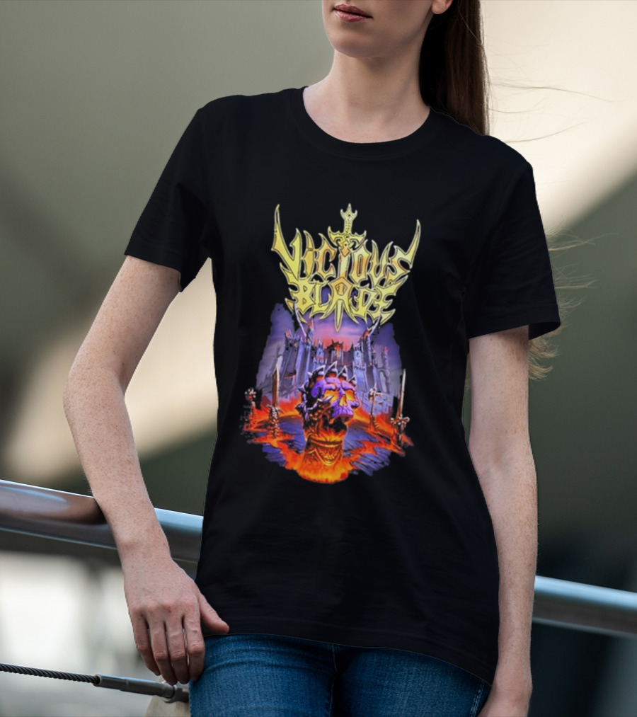 Vicious Blade Skull Fortress With Flaming Swords T-Shirt