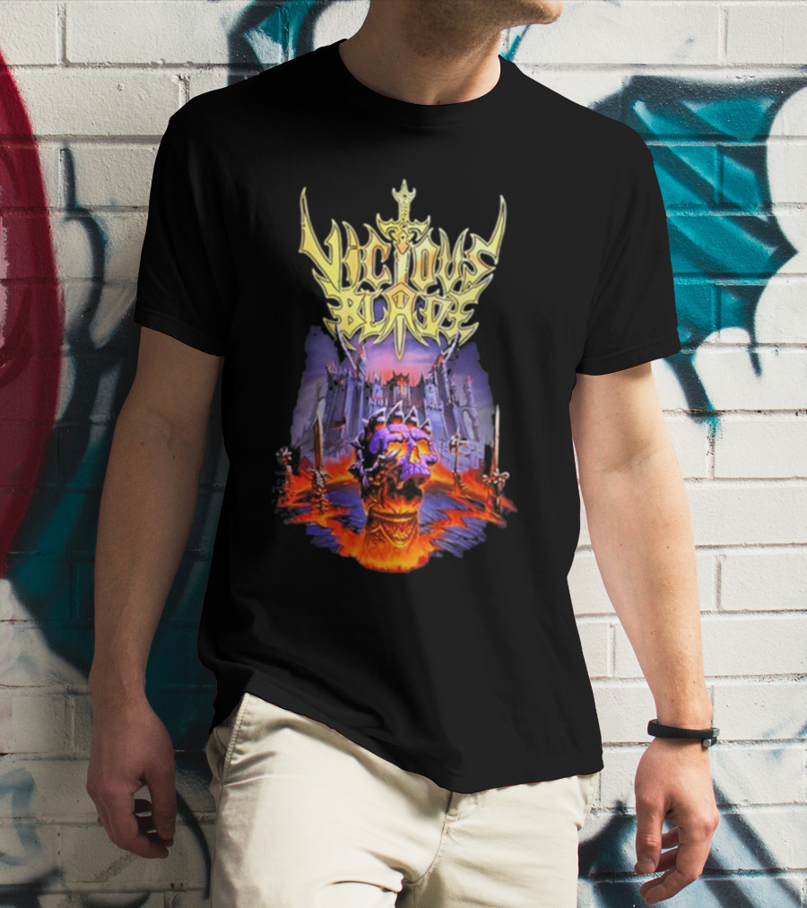 Vicious Blade Skull Fortress With Flaming Swords T-Shirt