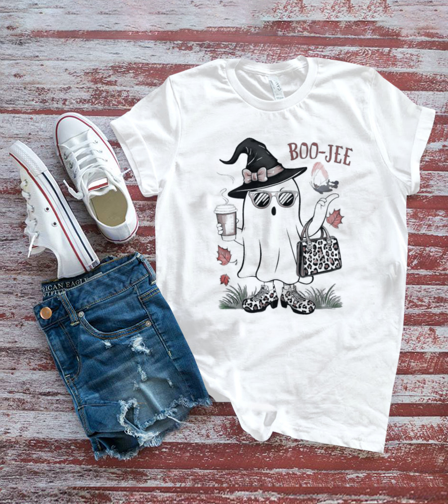 Boo Jee Leopard Ghost Fall Vibes With Witch Hat And Coffee Cup T-Shirt