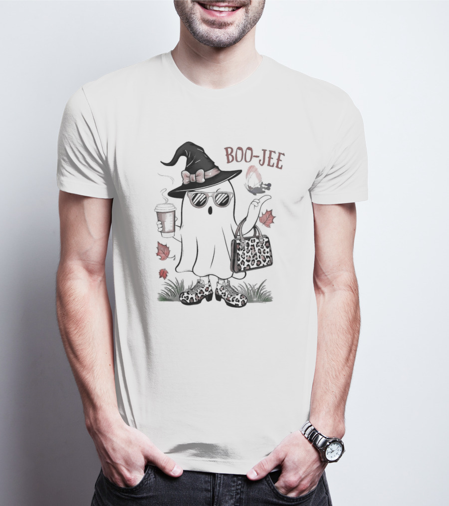 Boo Jee Leopard Ghost Fall Vibes With Witch Hat And Coffee Cup T-Shirt