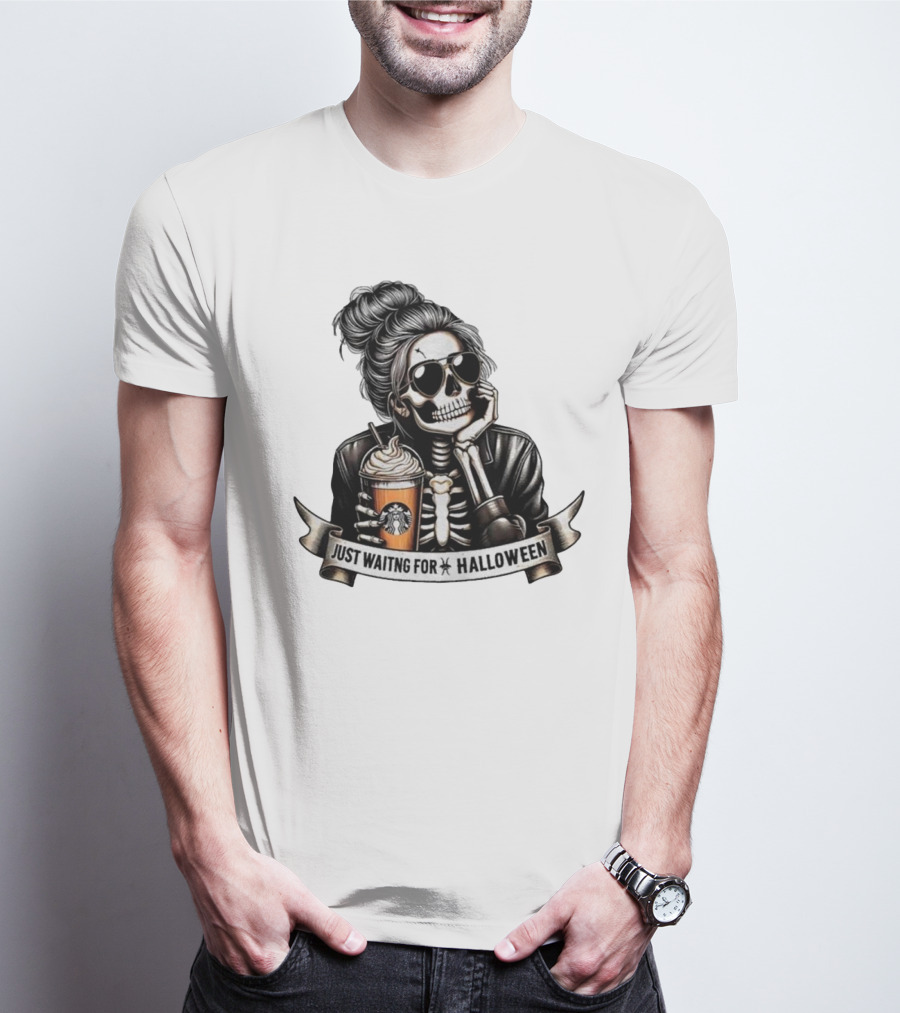 Just Waiting For Halloween Skeleton With Coffee Cup Spooky Season T-Shirt