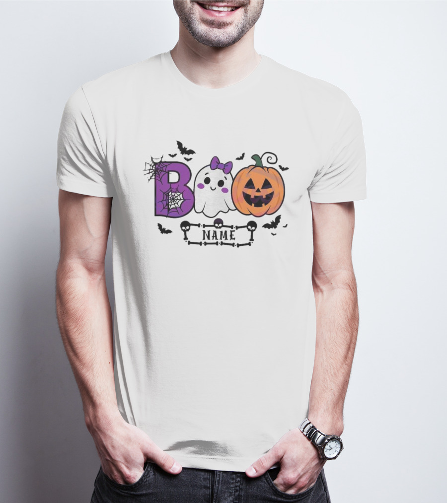 Boo Name Ghost Pumpkin Halloween Spiders Bats T-Shirt