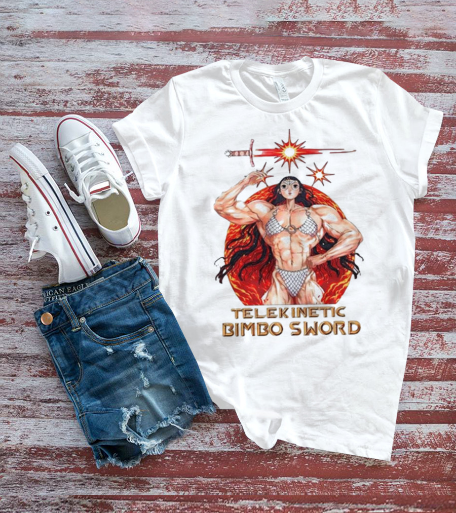 Rebecca Kirby Telekinetic Bimbo Sword Warrior With Fiery Background T-Shirt