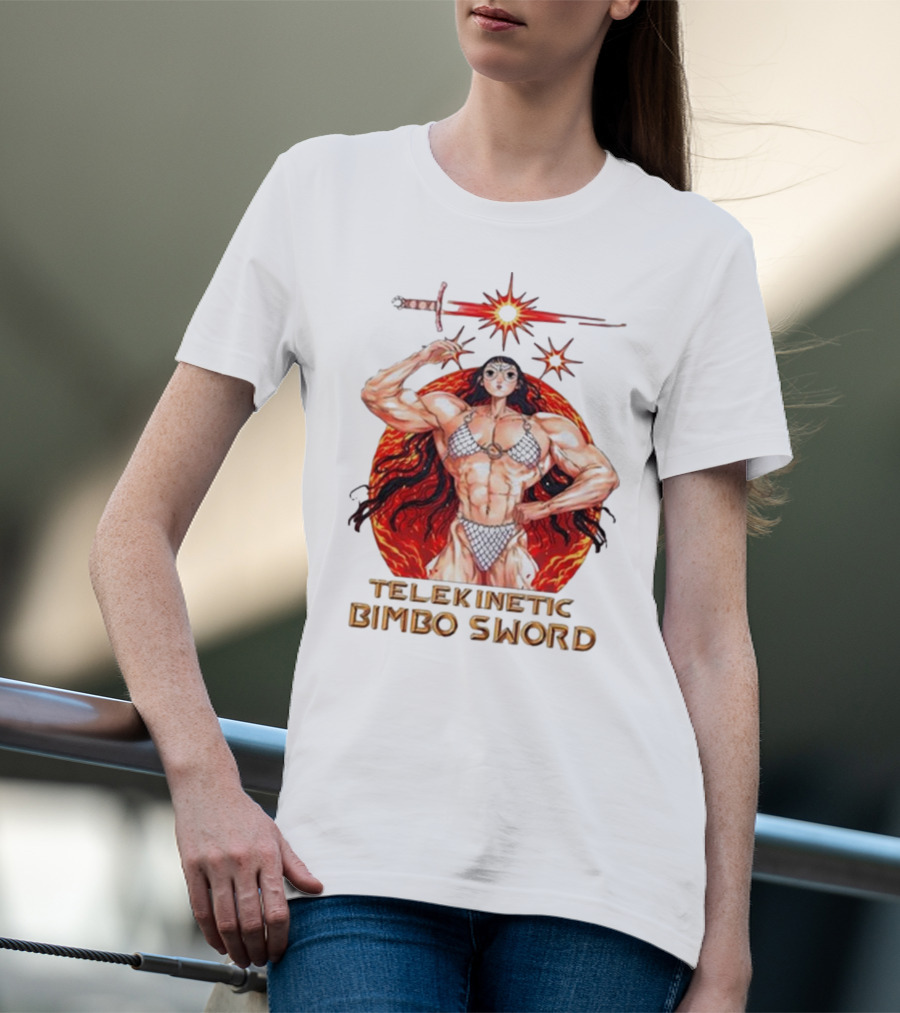 Rebecca Kirby Telekinetic Bimbo Sword Warrior With Fiery Background T-Shirt