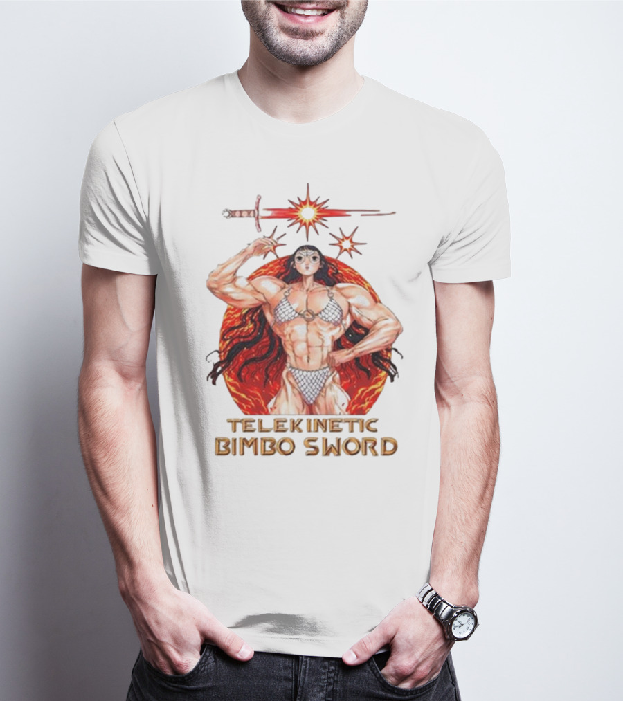 Rebecca Kirby Telekinetic Bimbo Sword Warrior With Fiery Background T-Shirt