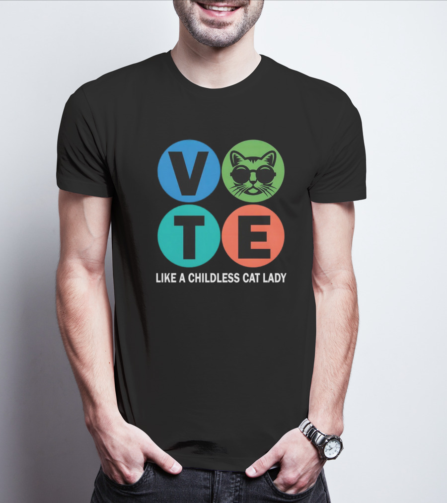 Vote Like A Childless Cat Lady Retro Circle Cat Face T-Shirt