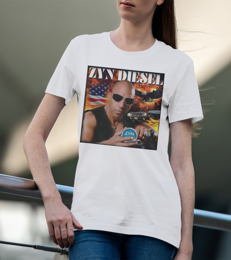 Zyn Diesel American Bald Eagle And Muscle Car Background T-Shirt